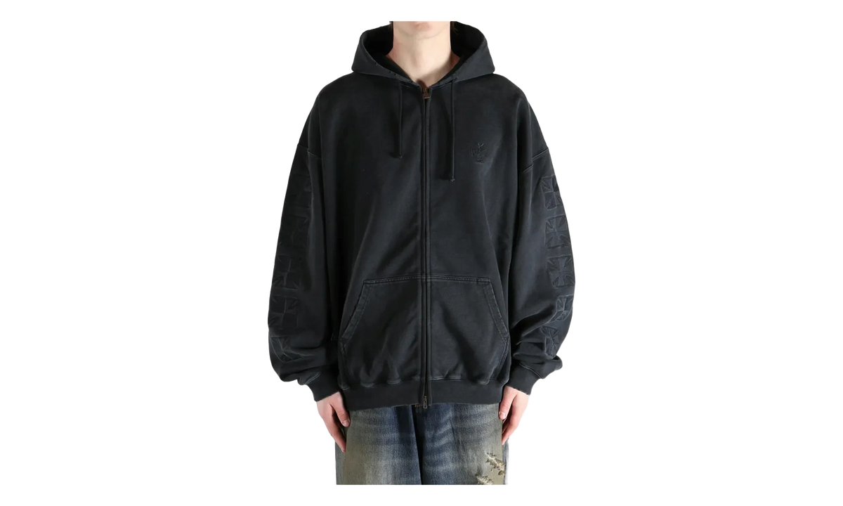 Embroidered Biker Cross Sleeves Zip Up Hoodie "Black" ME76ZU169B BLAC