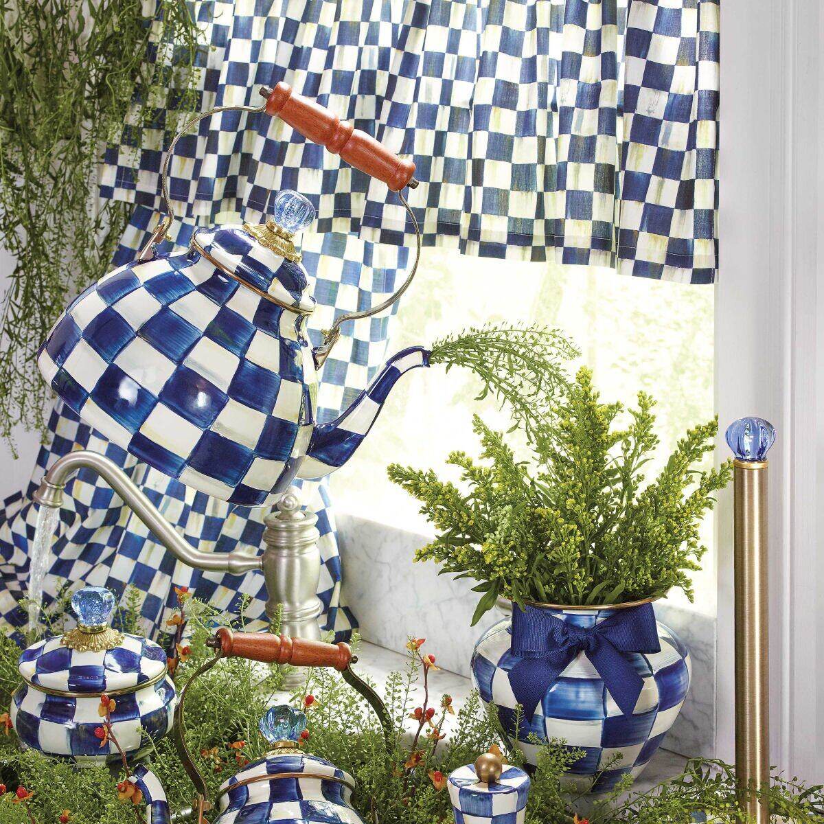 Royal Check Blue Enamel Tea Kettle by Mackenzie-Childs 2.84L